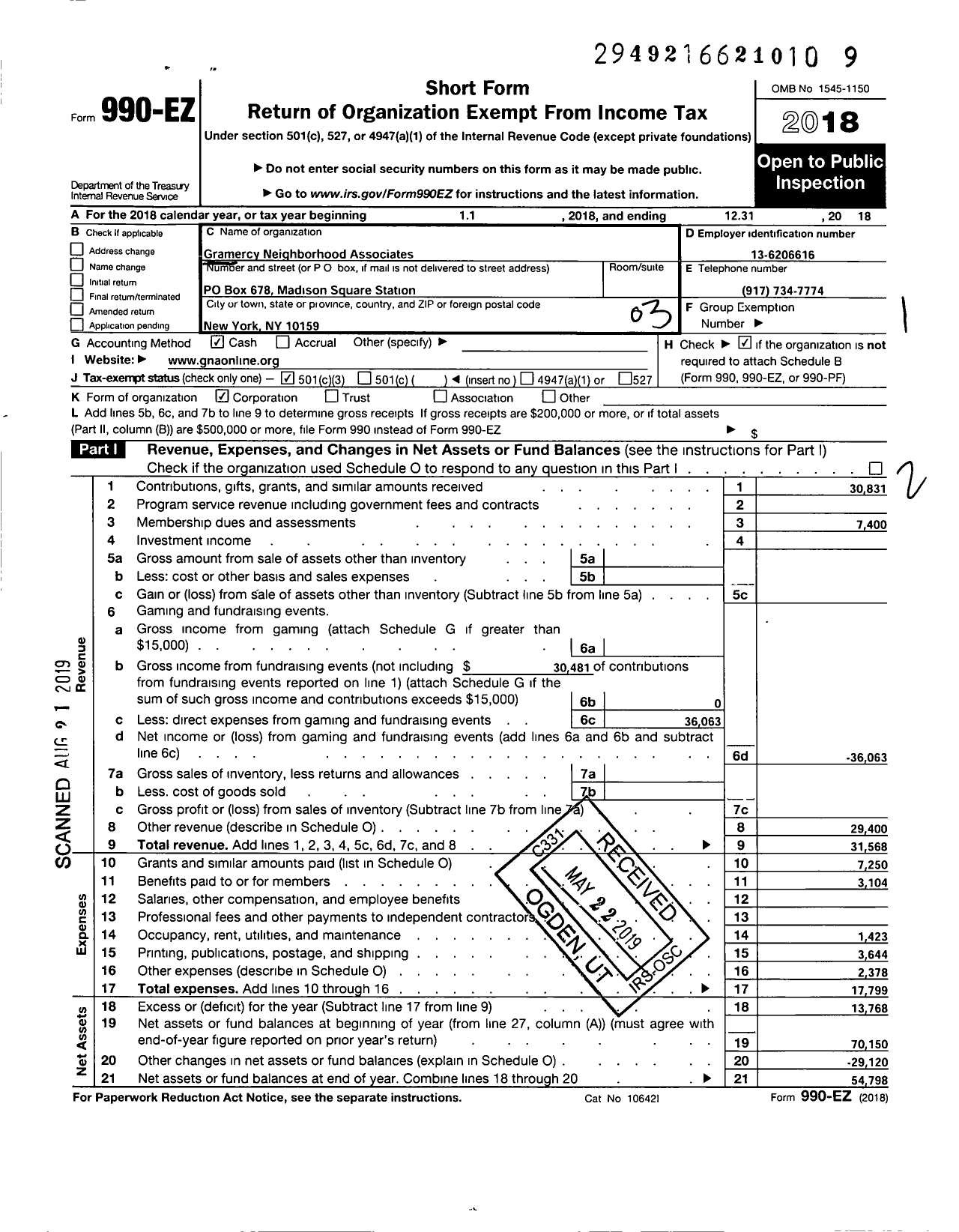 Image of first page of 2018 Form 990EZ for Gramercy Neighborhood Associates