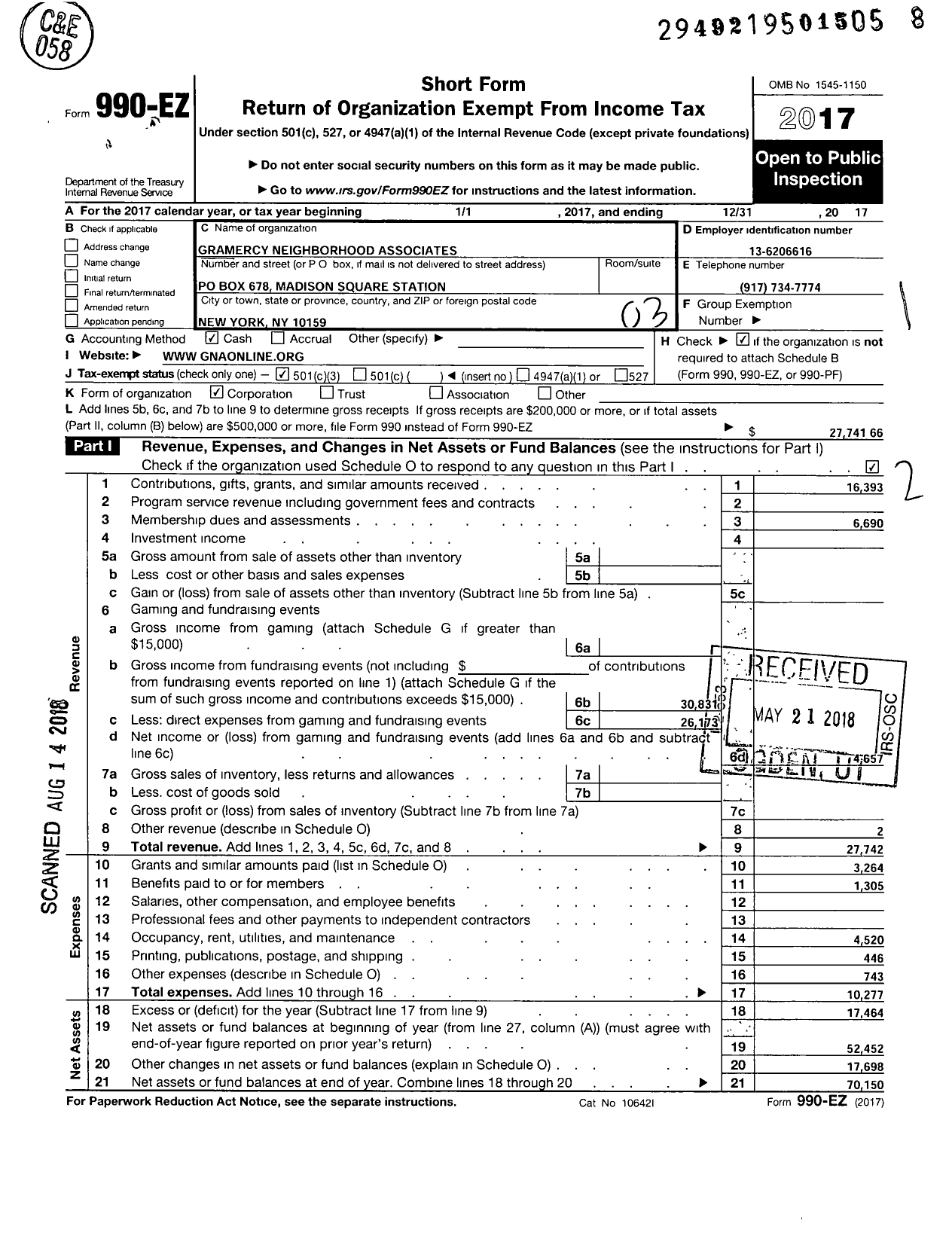 Image of first page of 2017 Form 990EZ for Gramercy Neighborhood Associates