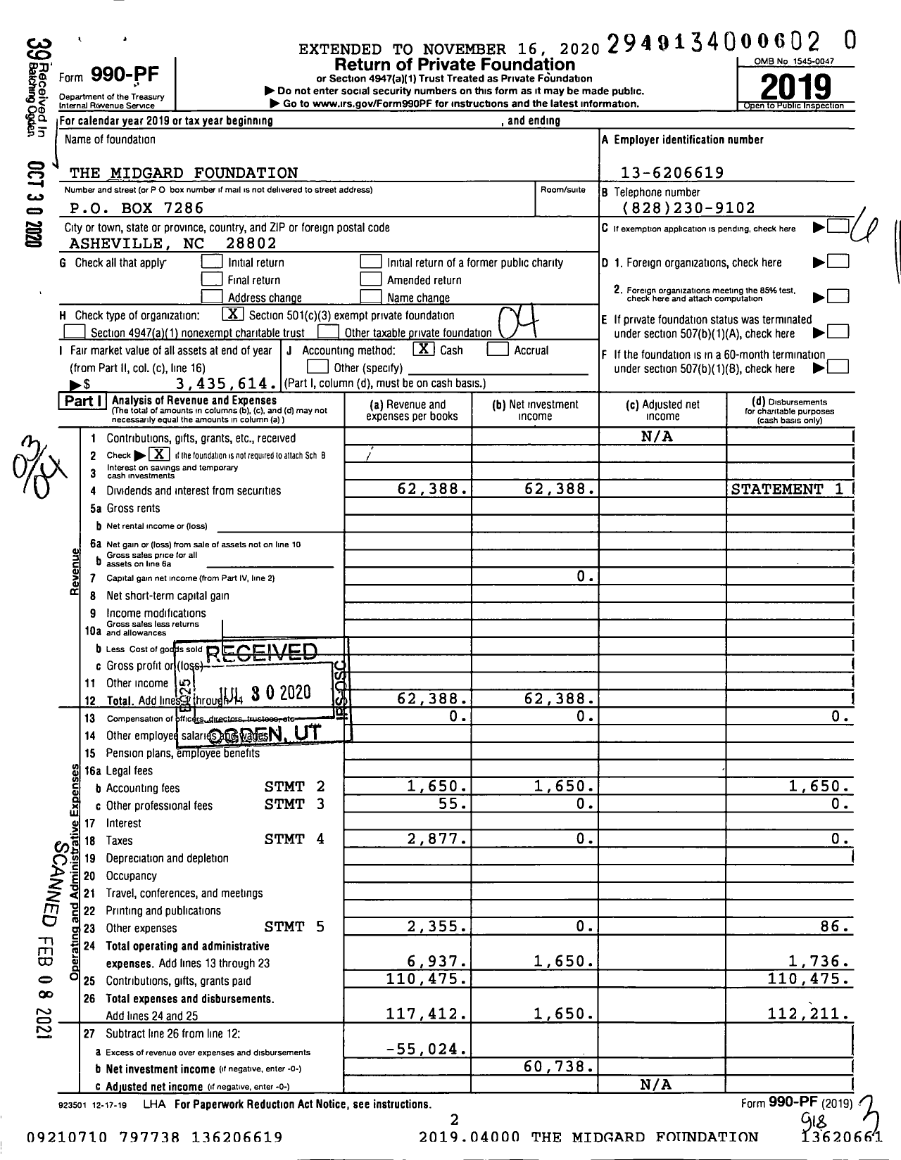 Image of first page of 2019 Form 990PF for The Midgard Foundation