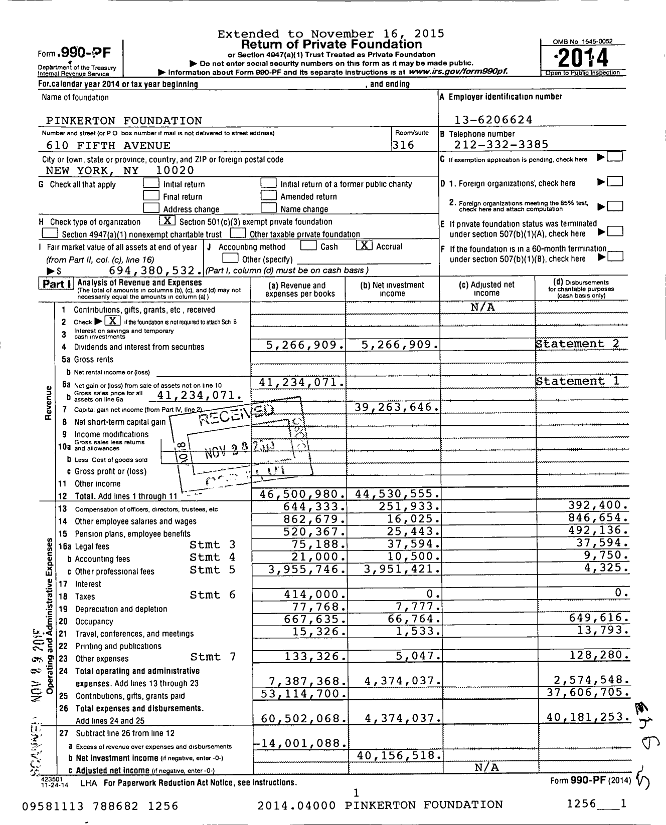 Image of first page of 2014 Form 990PF for The Pinkerton Foundation