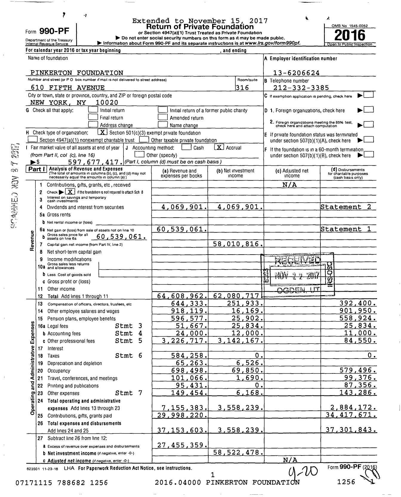 Image of first page of 2016 Form 990PF for The Pinkerton Foundation