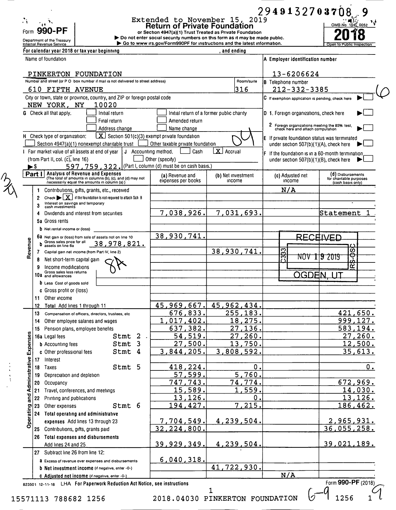 Image of first page of 2018 Form 990PF for The Pinkerton Foundation
