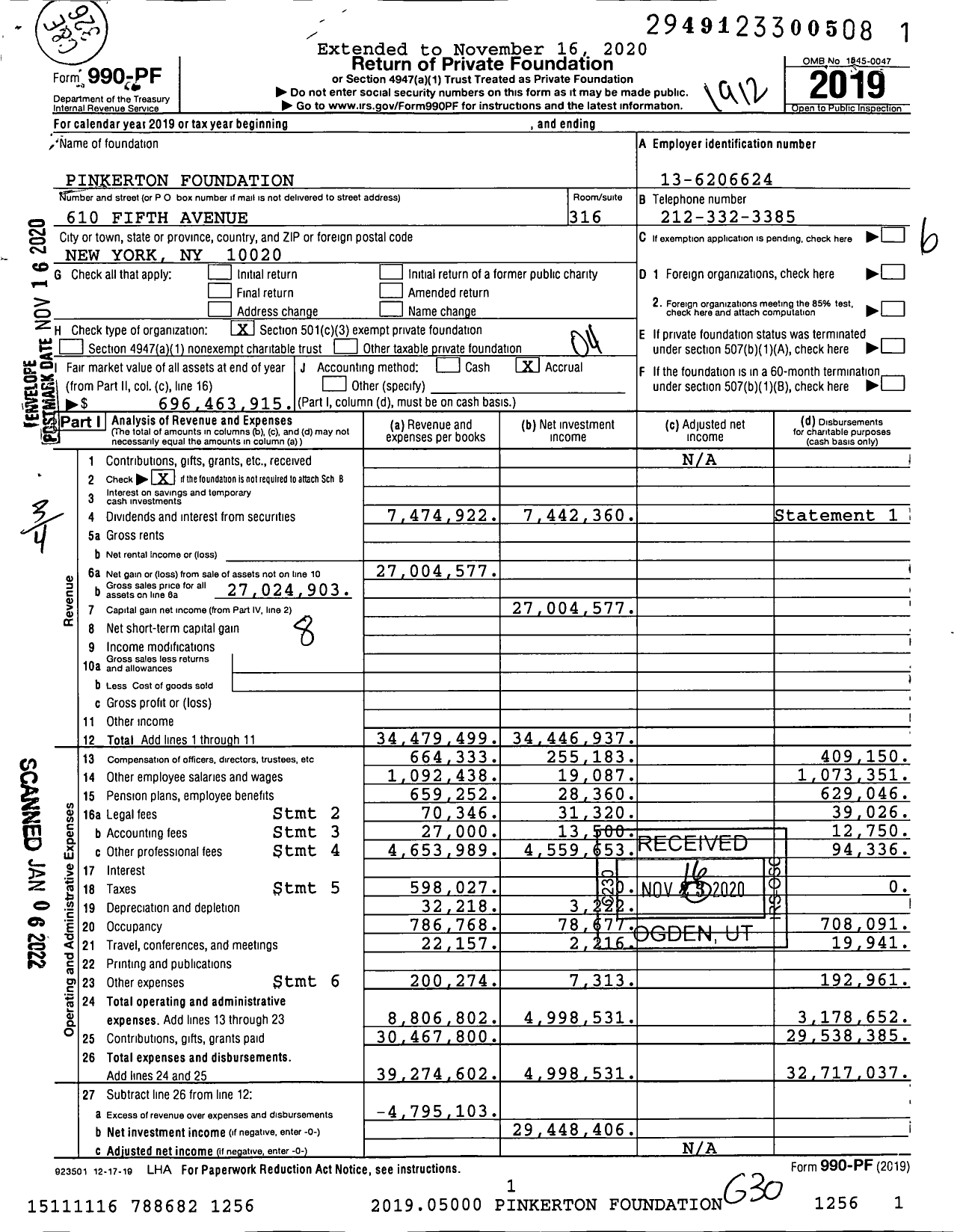 Image of first page of 2019 Form 990PF for The Pinkerton Foundation