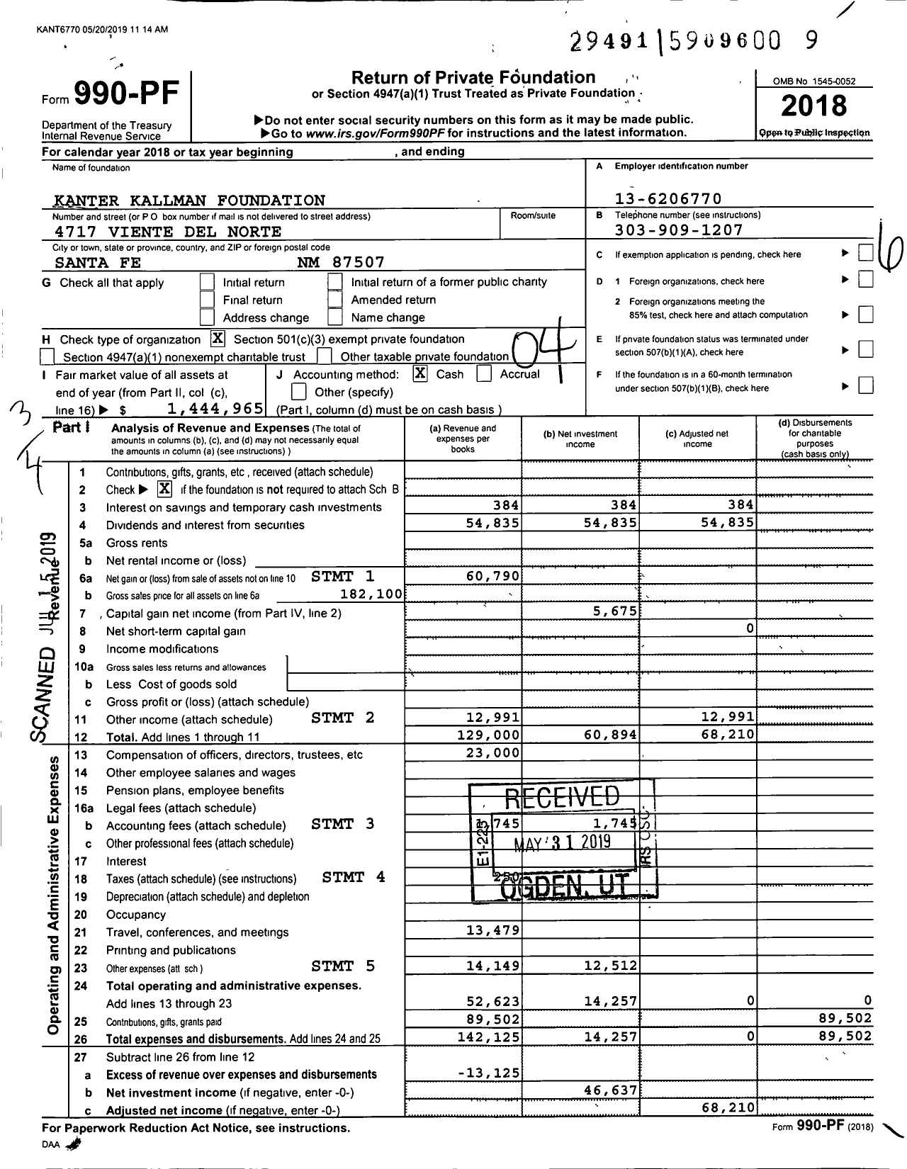 Image of first page of 2018 Form 990PF for Kanter Kallman Foundation