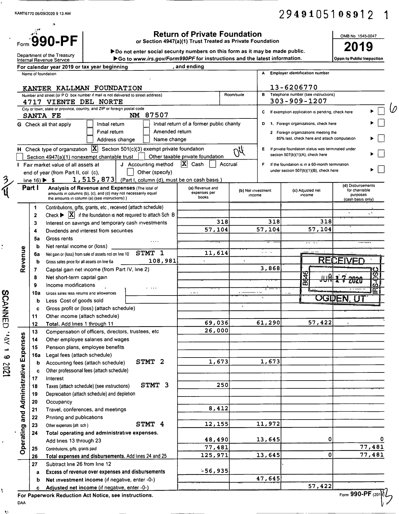 Image of first page of 2019 Form 990PF for Kanter Kallman Foundation