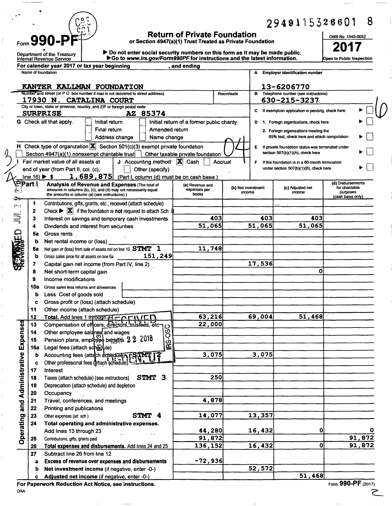 Image of first page of 2017 Form 990PF for Kanter Kallman Foundation