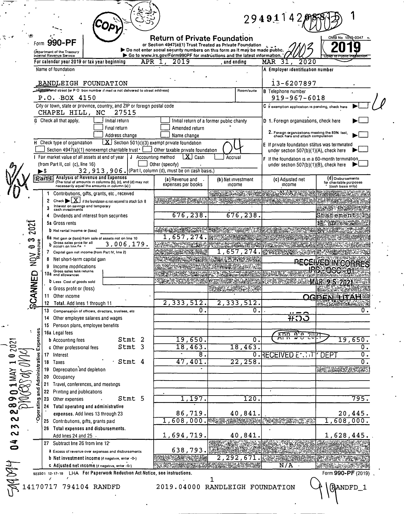 Image of first page of 2019 Form 990PF for Randleigh Foundation