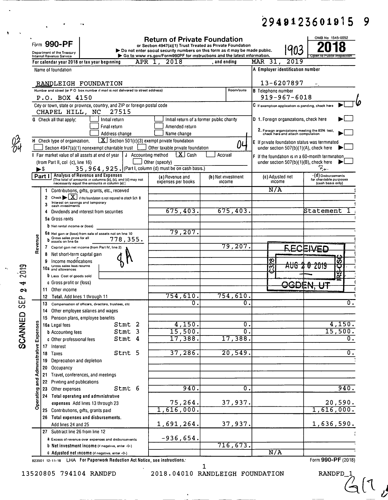 Image of first page of 2018 Form 990PF for Randleigh Foundation