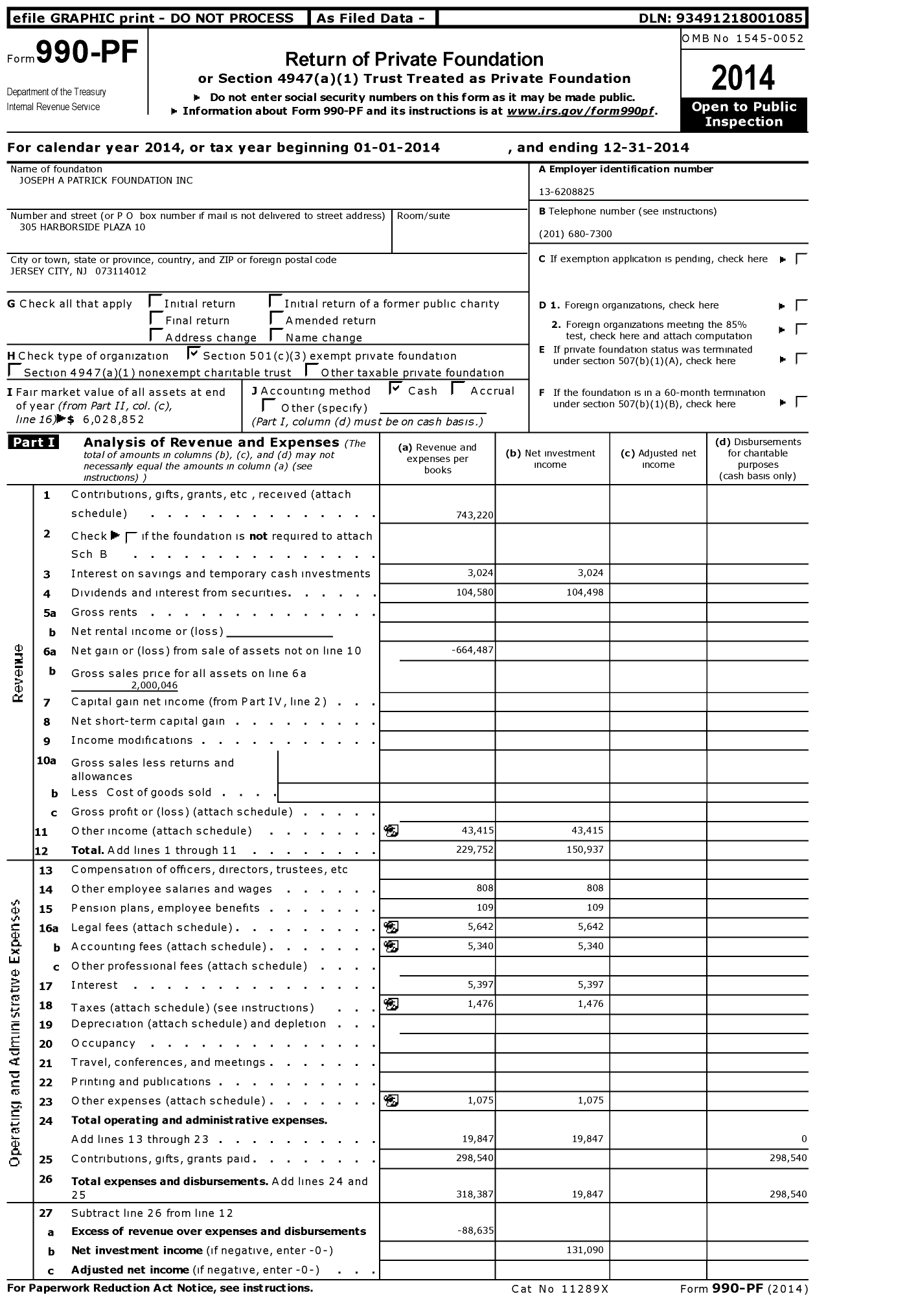 Image of first page of 2014 Form 990PF for Joseph A Patrick Foundation