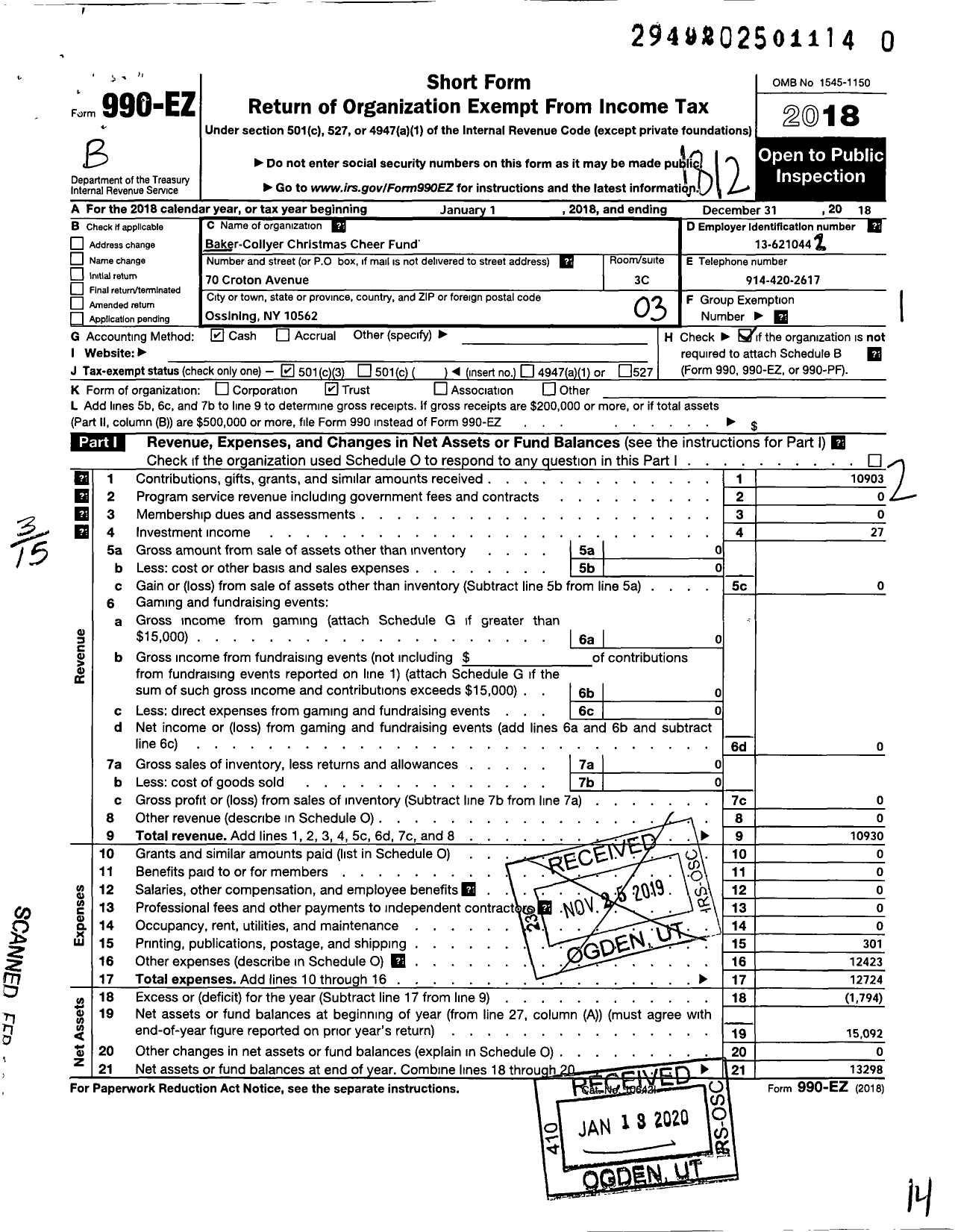 Image of first page of 2018 Form 990EZ for Baker Christmas Cheer Fund