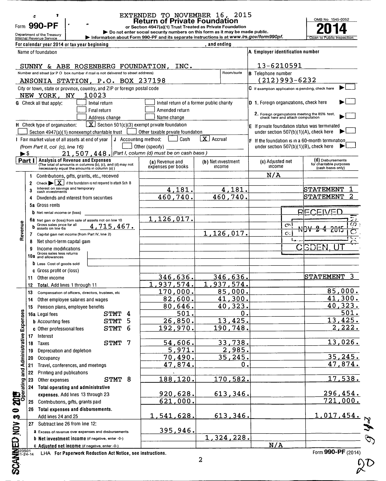 Image of first page of 2014 Form 990PF for Sunny and Abe Rosenberg Foundation