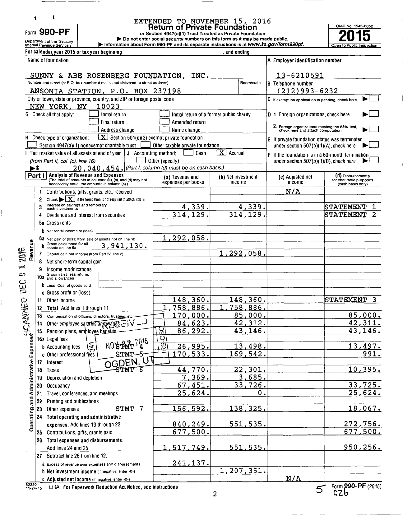 Image of first page of 2015 Form 990PF for Sunny and Abe Rosenberg Foundation