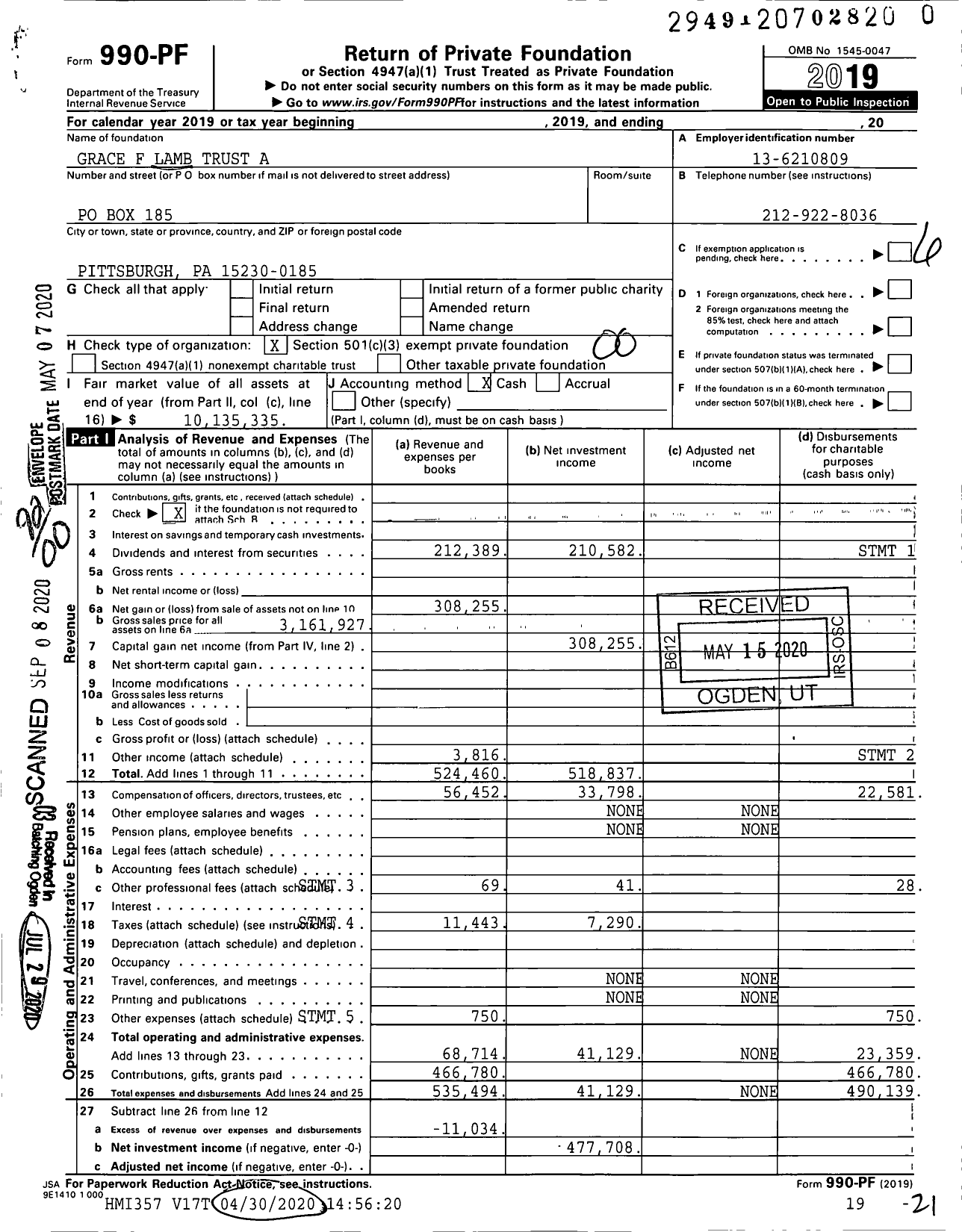 Image of first page of 2019 Form 990PR for Grace F Lamb Trust A