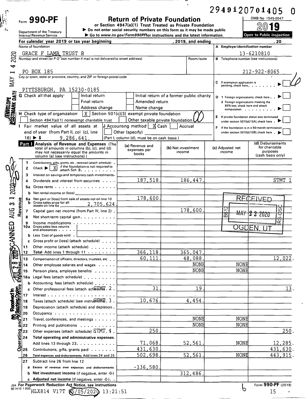 Image of first page of 2019 Form 990PR for Grace F Lamb Trust B