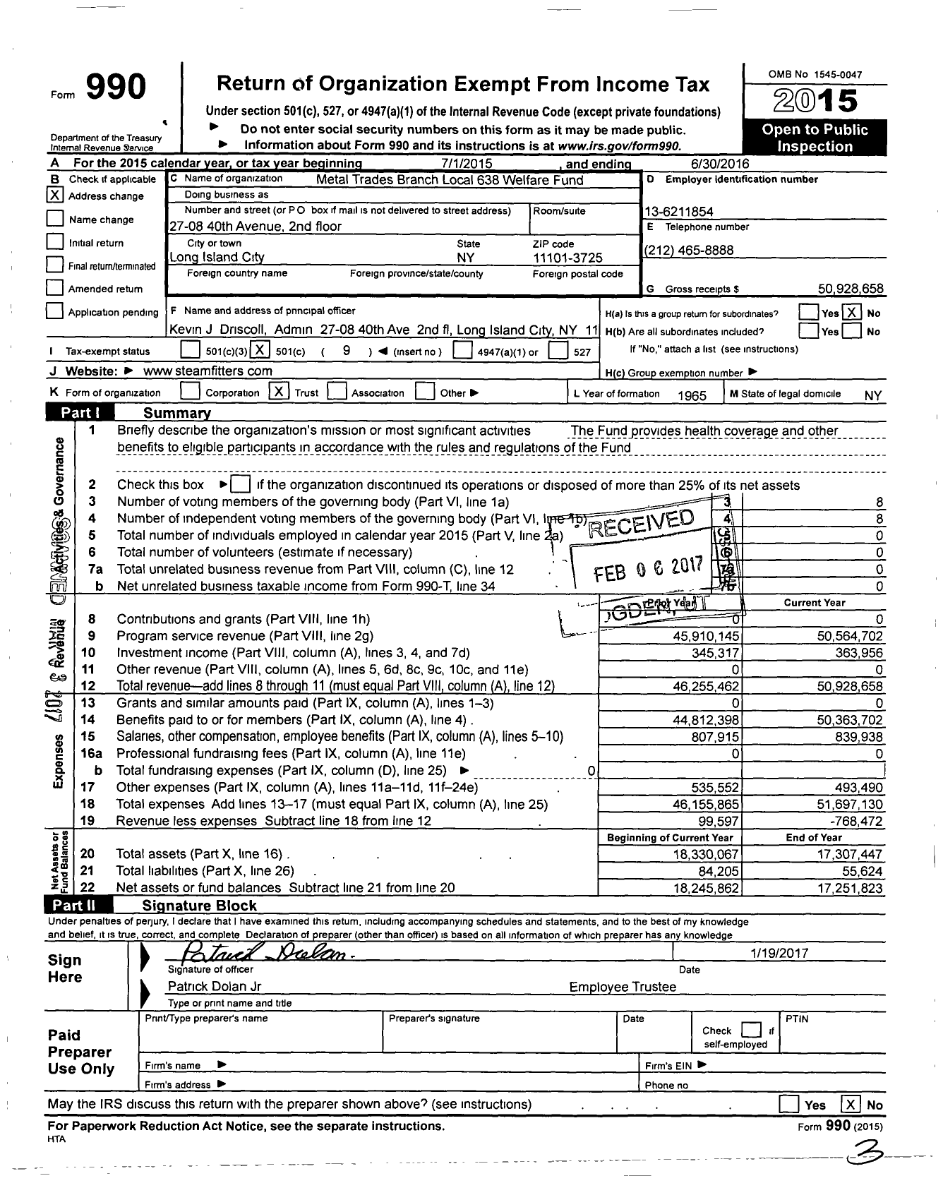 Image of first page of 2015 Form 990O for Steamfitters Industry Fund