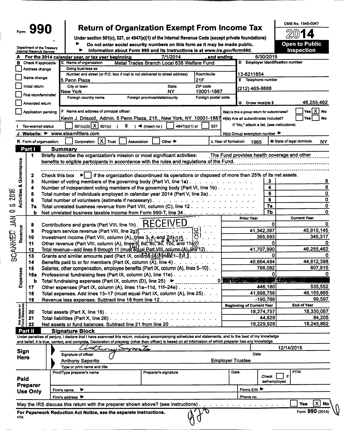 Image of first page of 2014 Form 990O for Steamfitters Industry Fund
