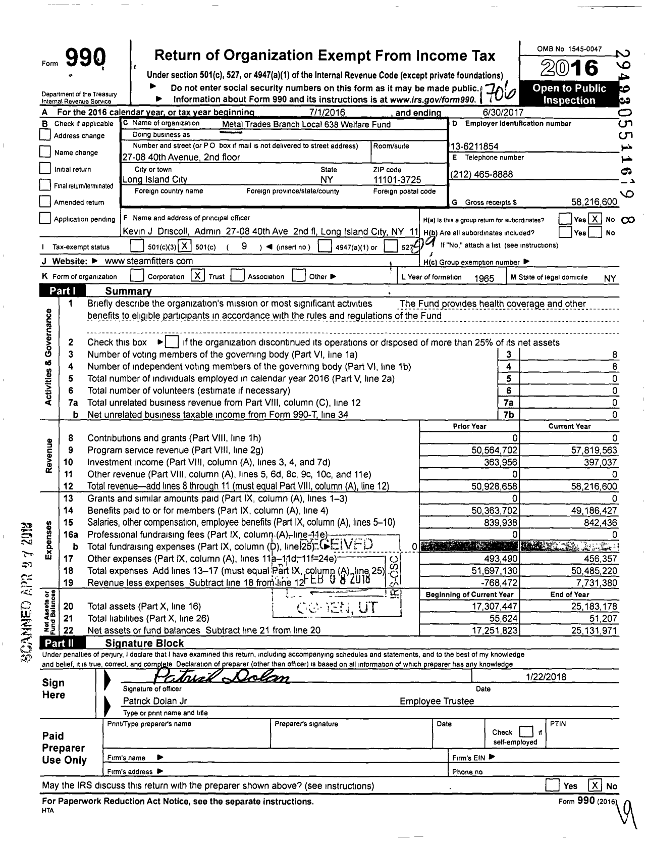 Image of first page of 2016 Form 990O for Steamfitters Industry Fund