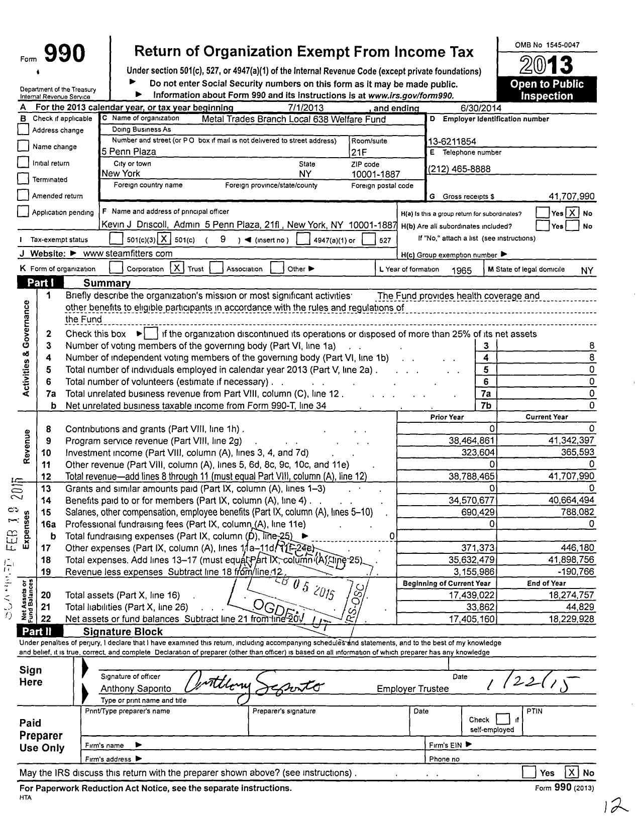 Image of first page of 2013 Form 990O for Steamfitters Industry Fund