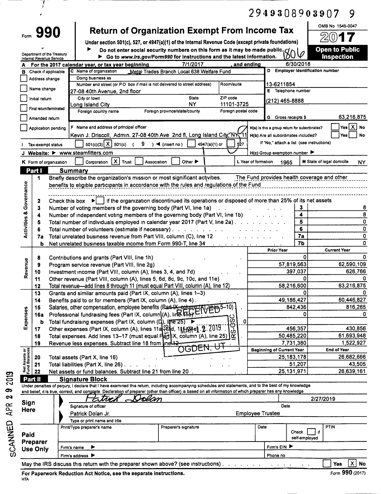 Image of first page of 2017 Form 990O for Steamfitters Industry Fund
