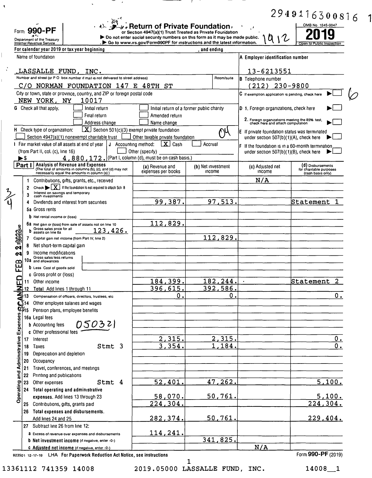 Image of first page of 2019 Form 990PF for Lassalle Fund