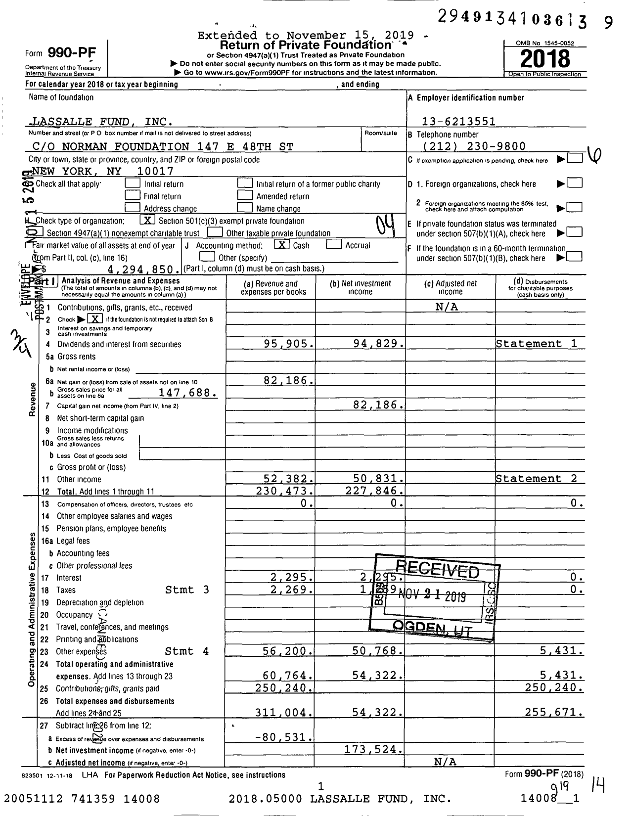 Image of first page of 2018 Form 990PF for Lassalle Fund