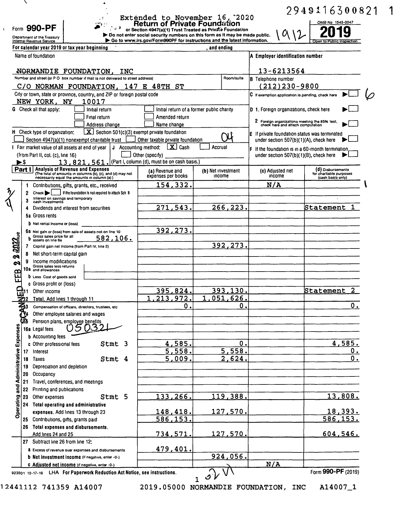 Image of first page of 2019 Form 990PF for Normandie Foundation