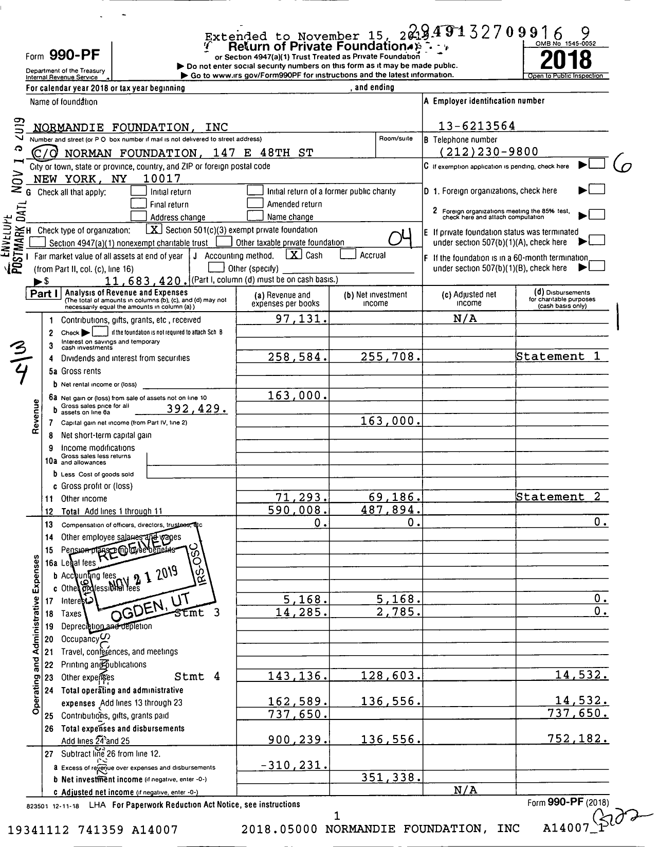 Image of first page of 2018 Form 990PF for Normandie Foundation