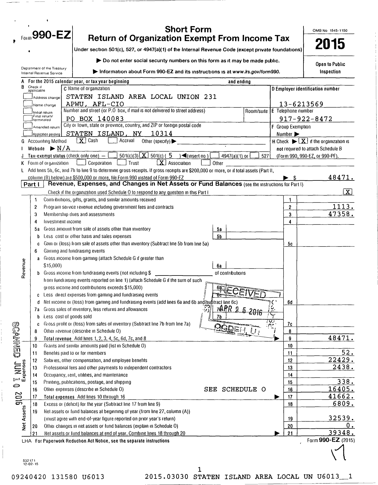 Image of first page of 2015 Form 990EO for American Postal Workers Union - 231 Staten Island Local