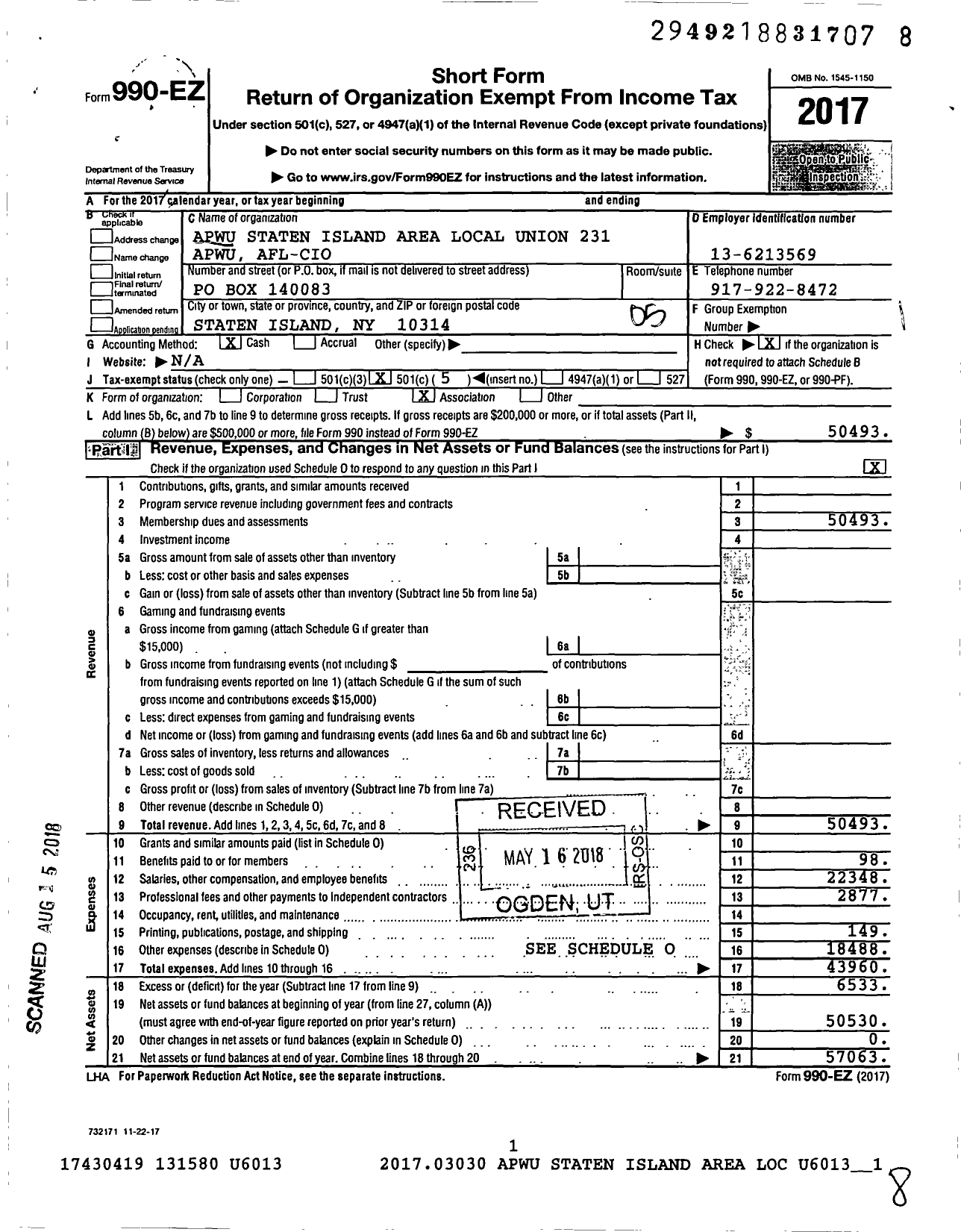 Image of first page of 2017 Form 990EO for American Postal Workers Union - 231 Staten Island Local