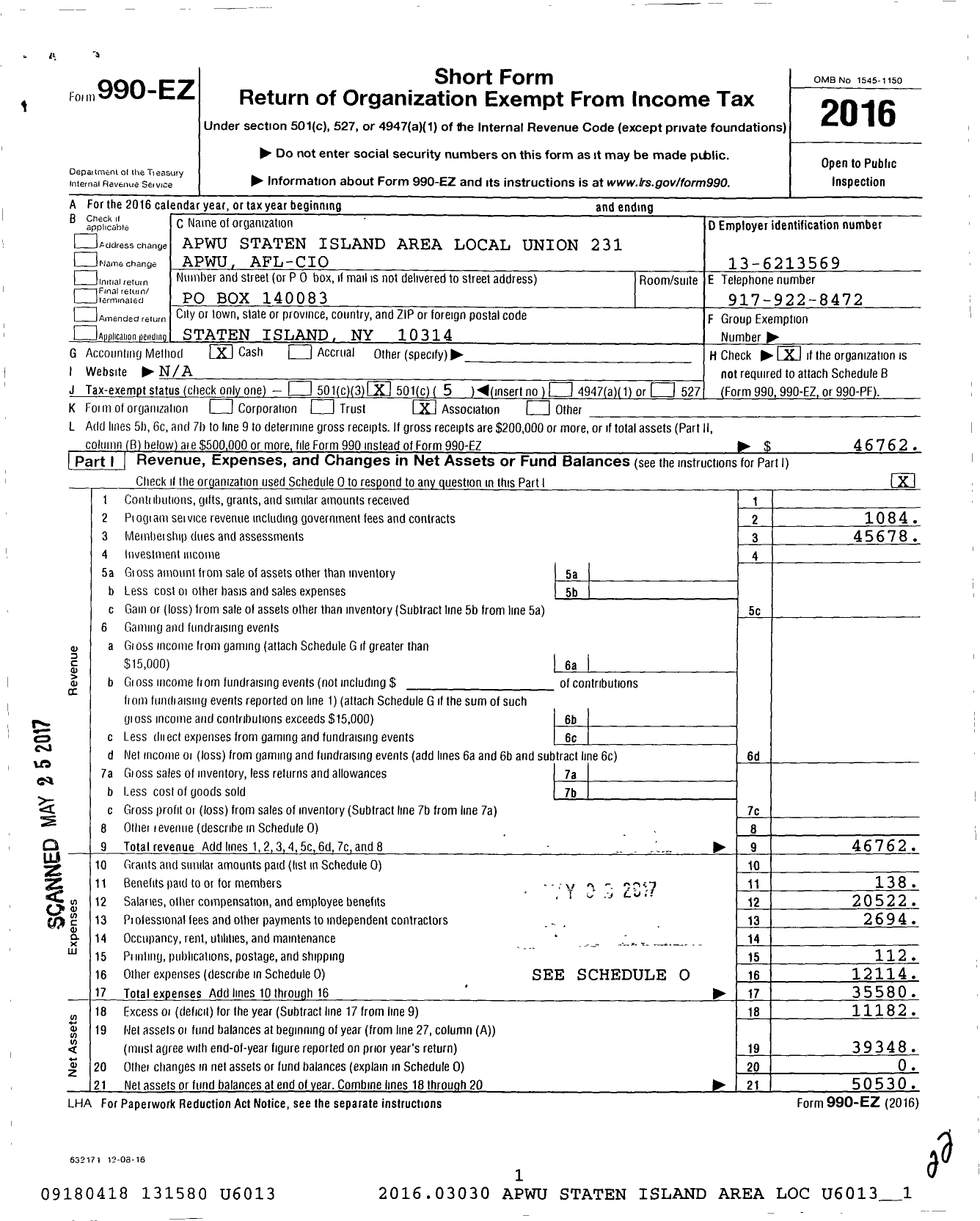 Image of first page of 2016 Form 990EO for American Postal Workers Union - 231 Staten Island Local