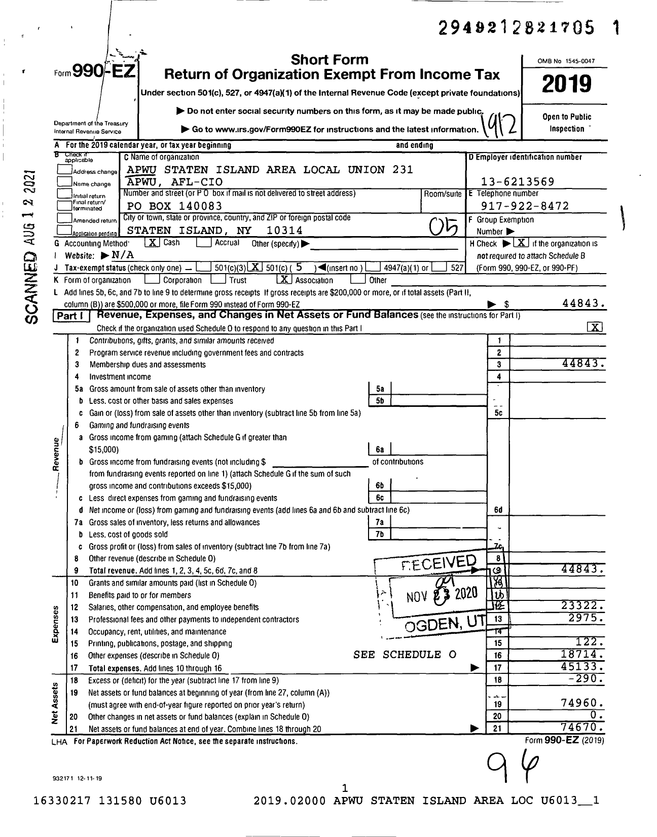 Image of first page of 2019 Form 990EO for American Postal Workers Union - 231 Staten Island Local