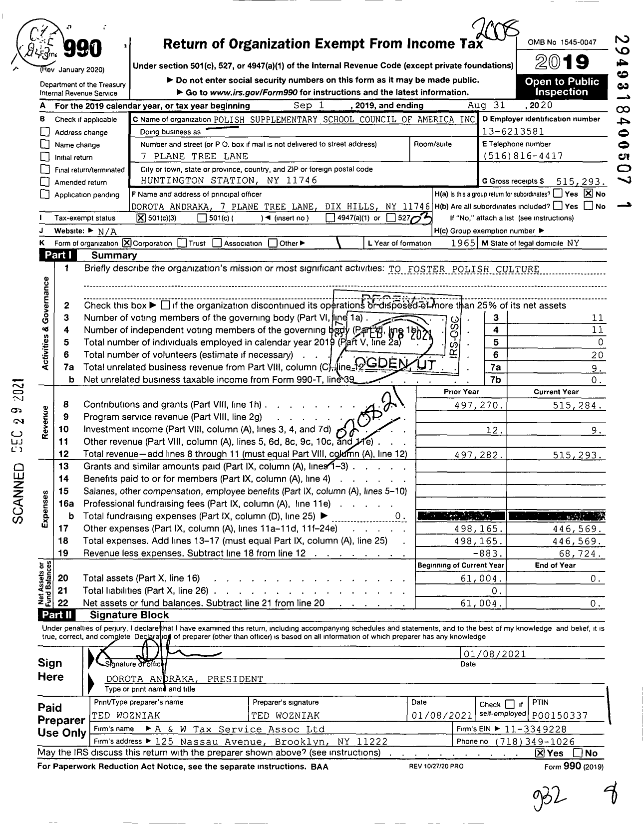 Image of first page of 2019 Form 990 for Polish Supplementary School Council of America