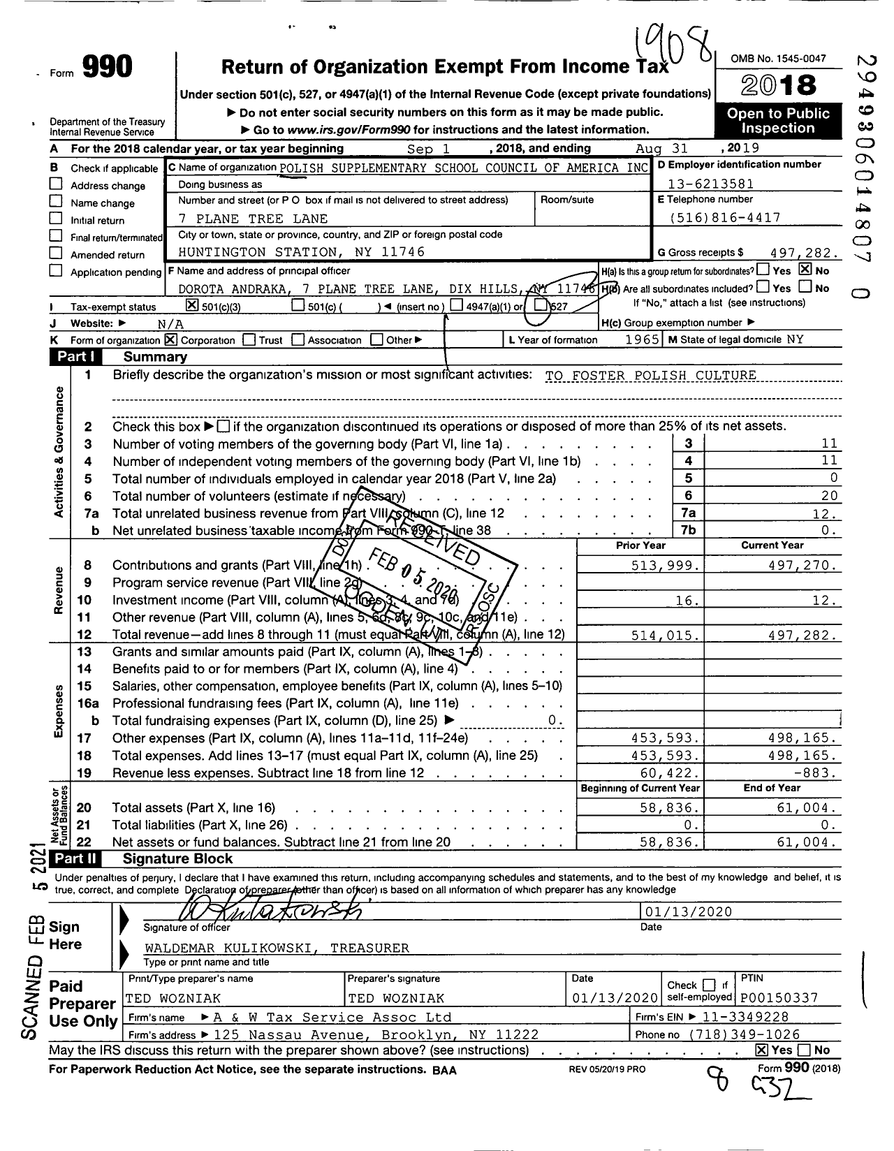 Image of first page of 2018 Form 990 for Polish Supplementary School Council of America