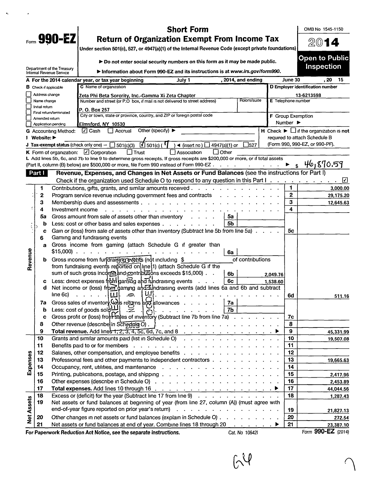 Image of first page of 2014 Form 990EO for Zeta Phi Beta Sorority / Gamma Xi Zeta Chapter