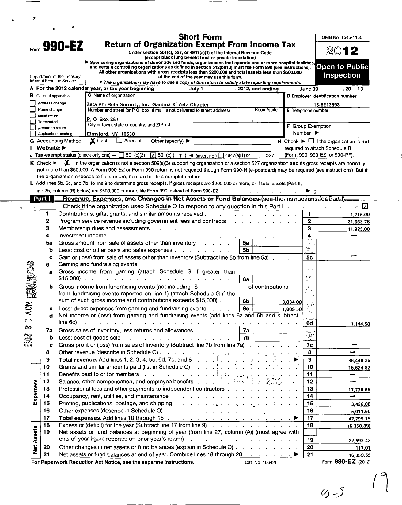 Image of first page of 2012 Form 990EO for Zeta Phi Beta Sorority / Gamma Xi Zeta Chapter