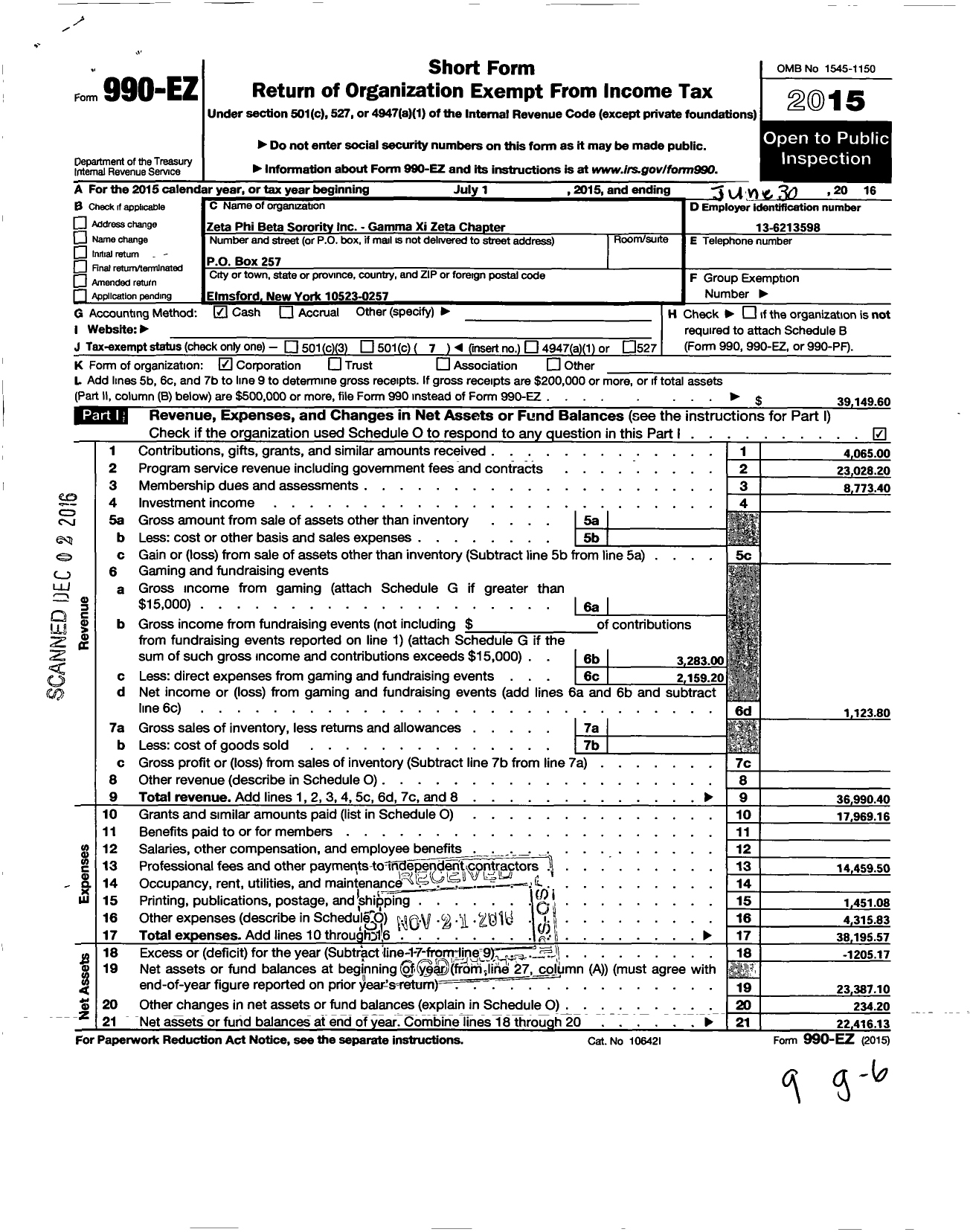 Image of first page of 2015 Form 990EO for Zeta Phi Beta Sorority / Gamma Xi Zeta Chapter