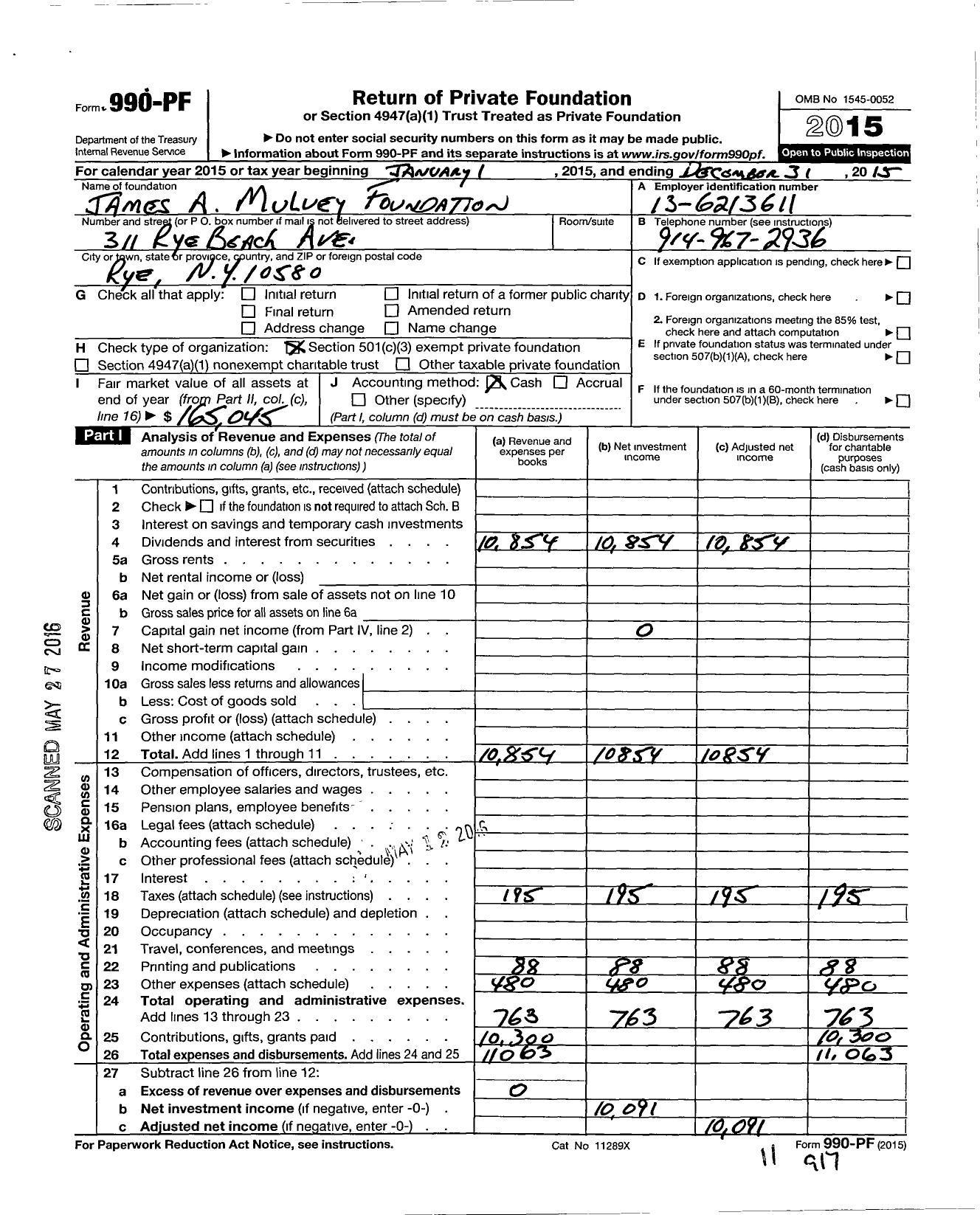 Image of first page of 2015 Form 990PF for James A Mulvey Foundation