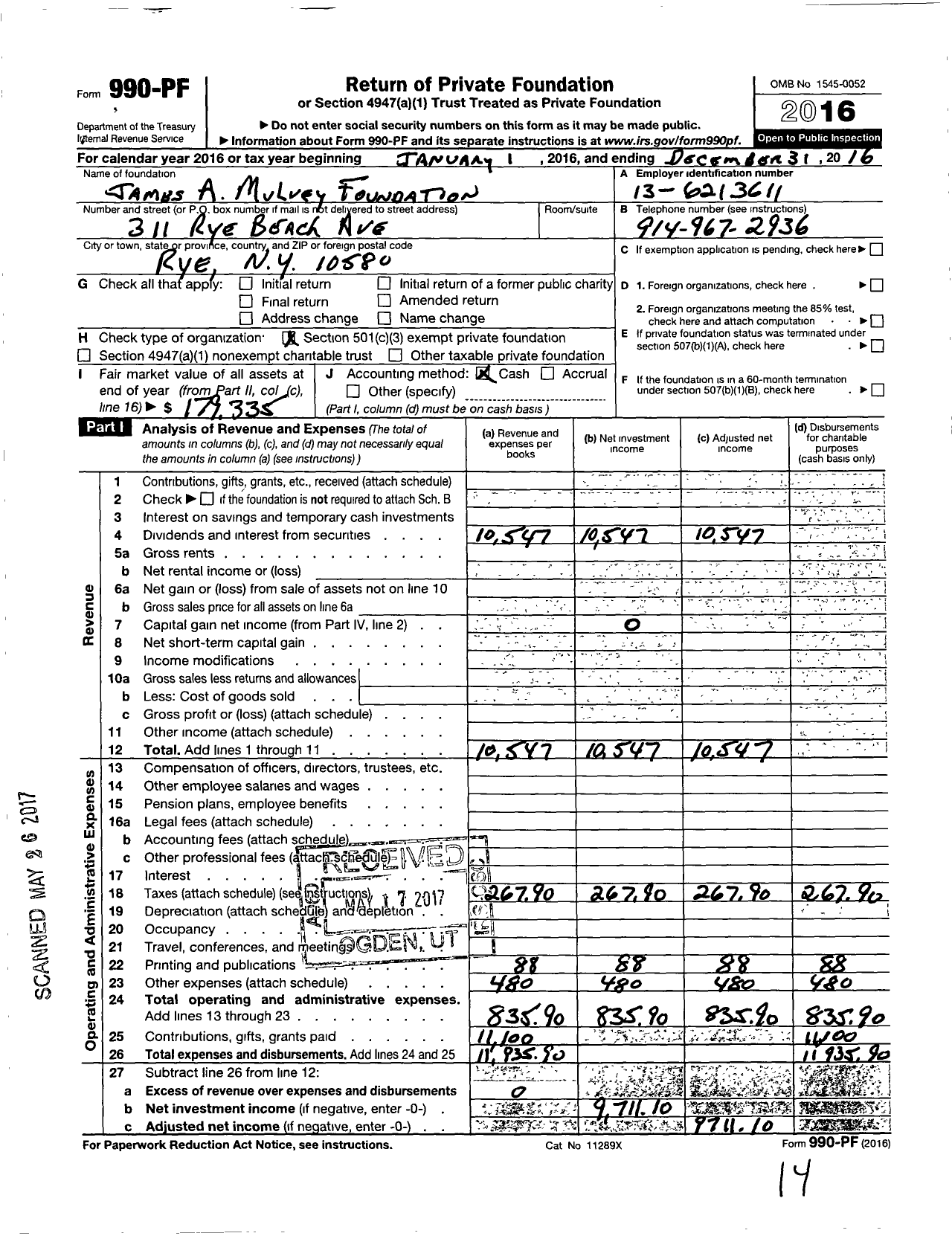 Image of first page of 2016 Form 990PF for James A Mulvey Foundation