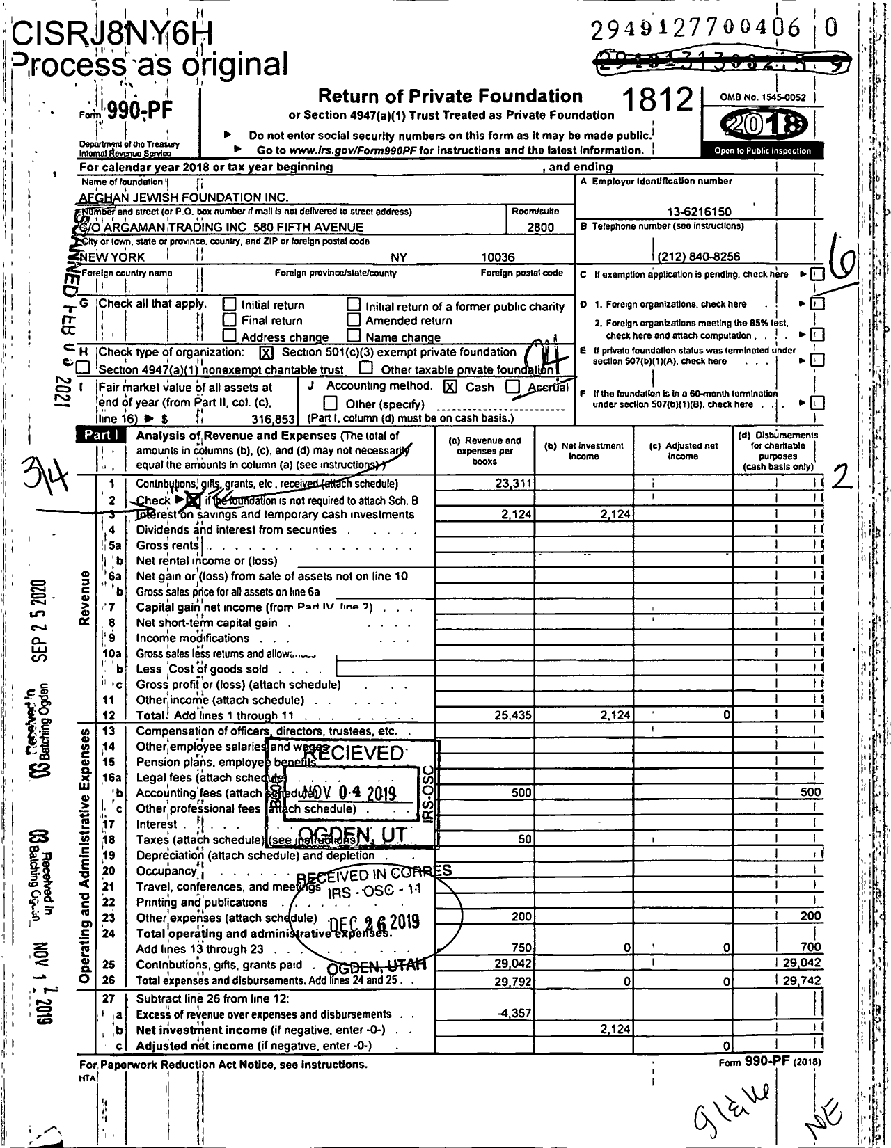 Image of first page of 2018 Form 990PF for The Afghan Jewish Foundation