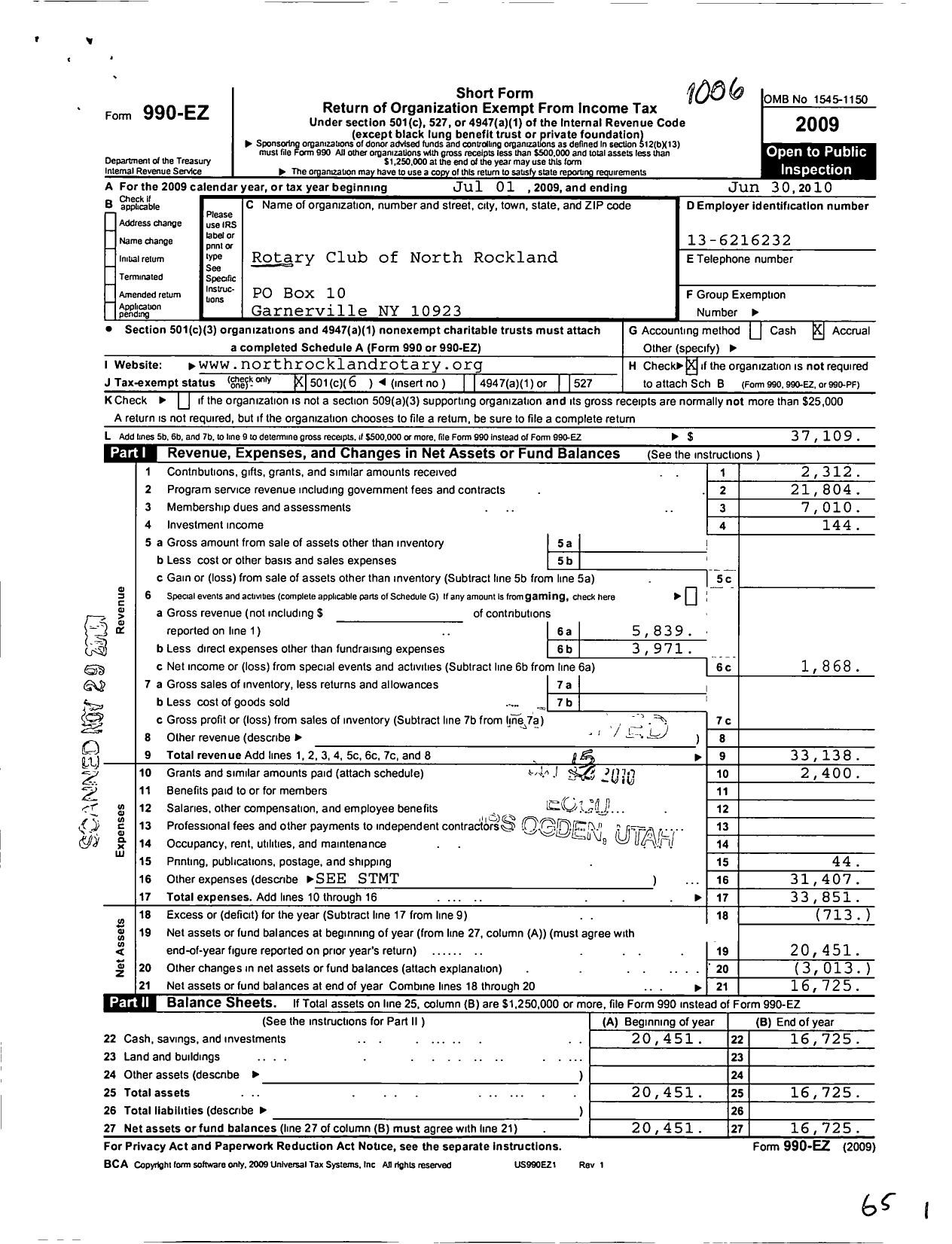 Image of first page of 2009 Form 990EO for Rotary International - North Rockland-Haverstraw