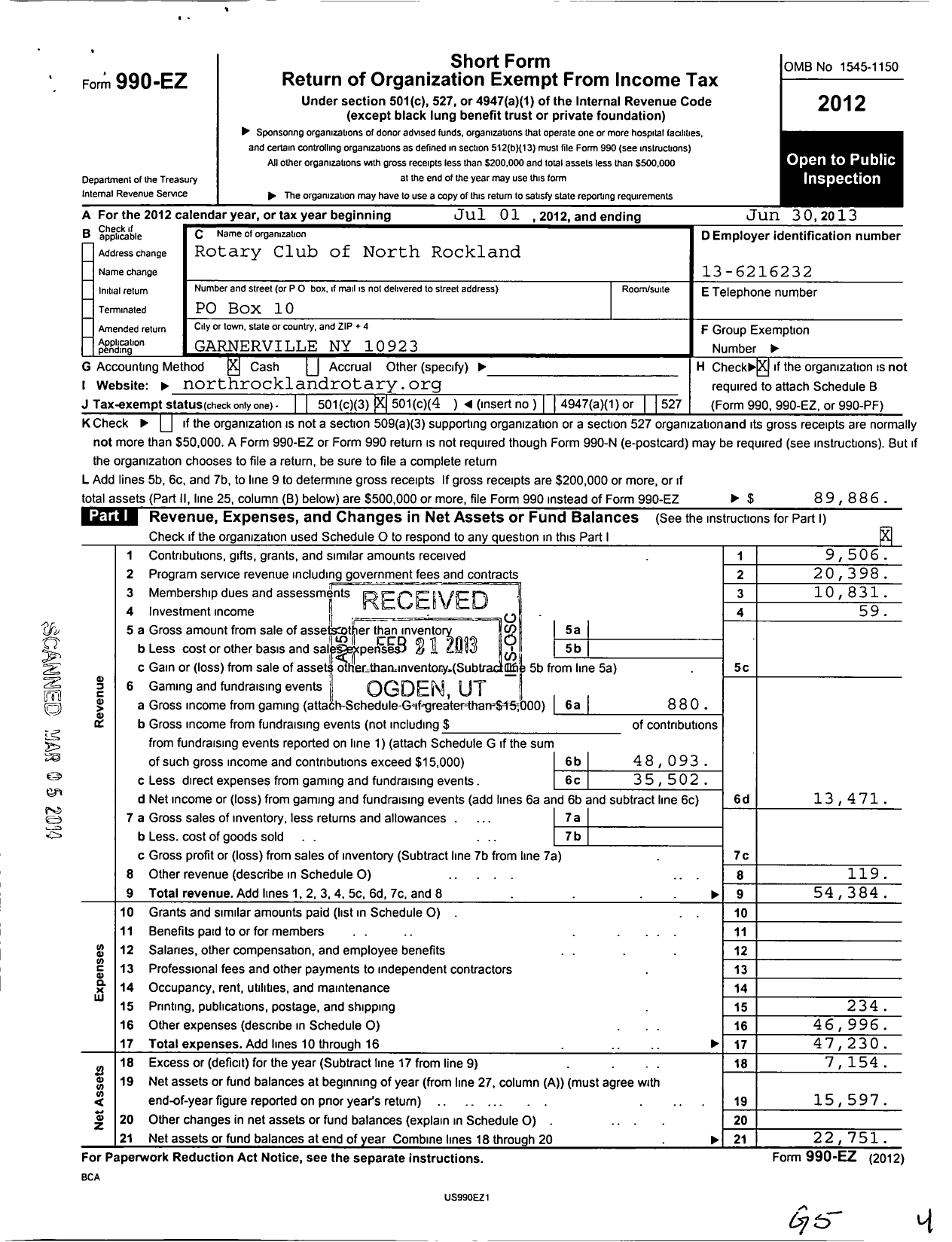 Image of first page of 2012 Form 990EO for Rotary International - North Rockland-Haverstraw