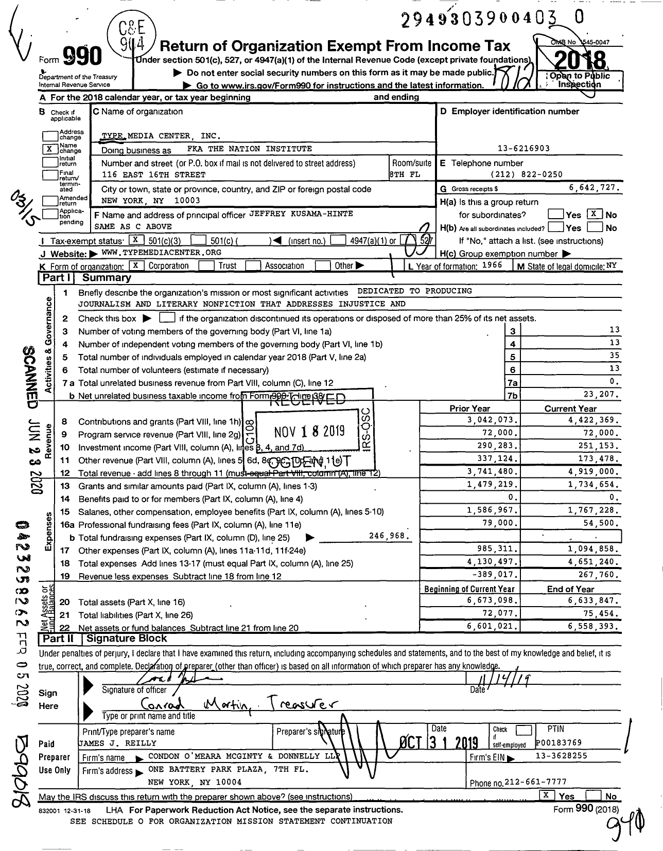 Image of first page of 2018 Form 990 for Type Media Center