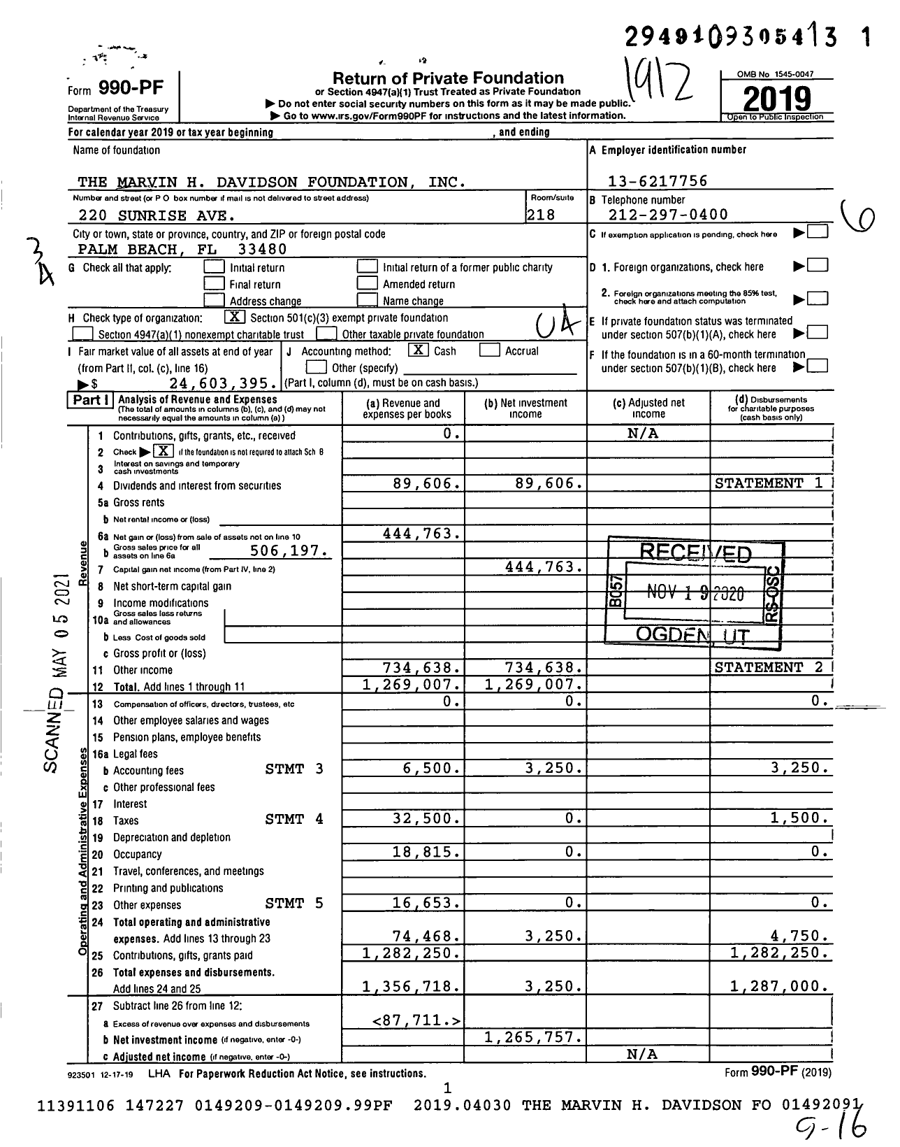 Image of first page of 2019 Form 990PF for The Marvin H Davidson Foundation