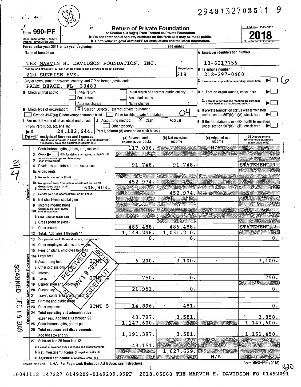 Image of first page of 2018 Form 990PF for The Marvin H Davidson Foundation