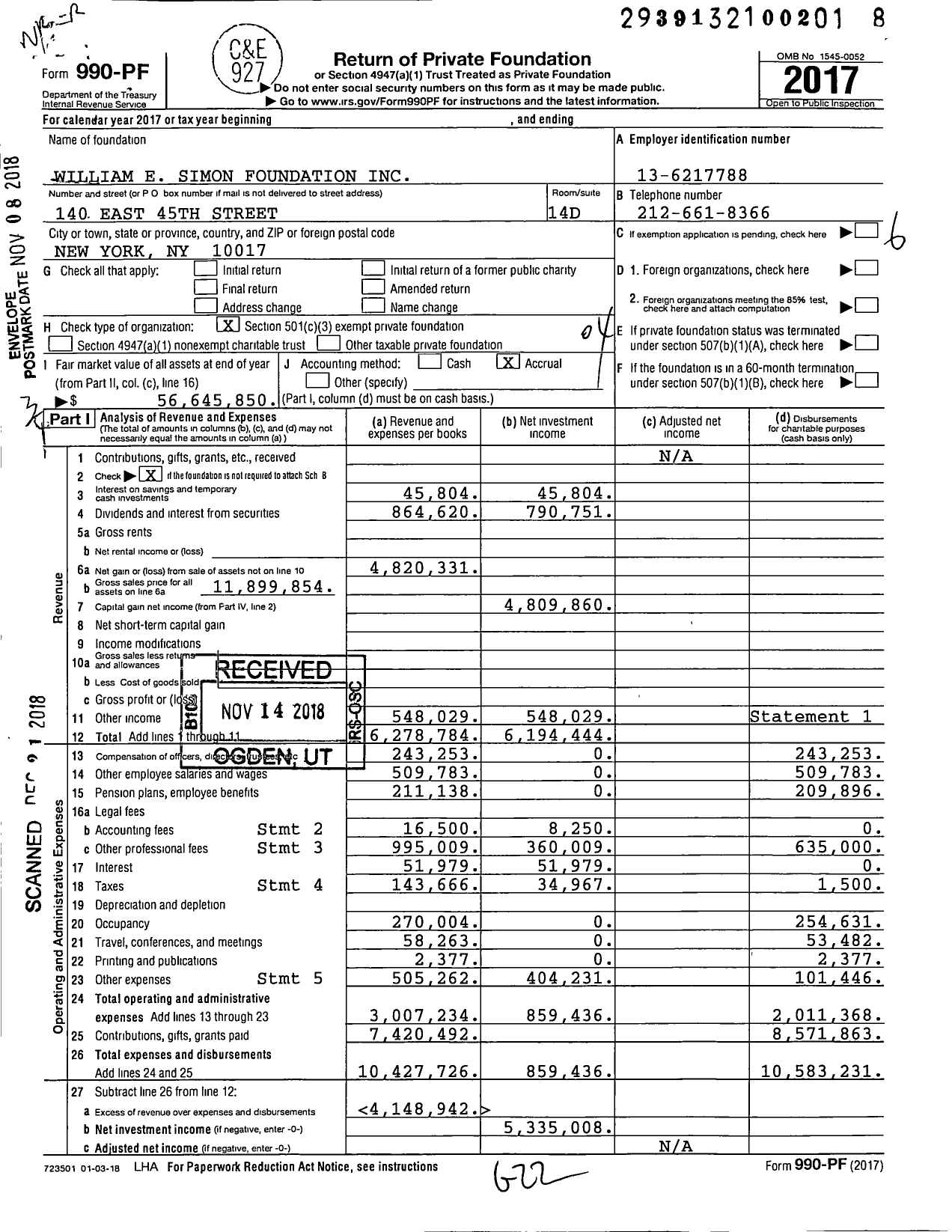 Image of first page of 2017 Form 990PF for William E. Simon Foundation