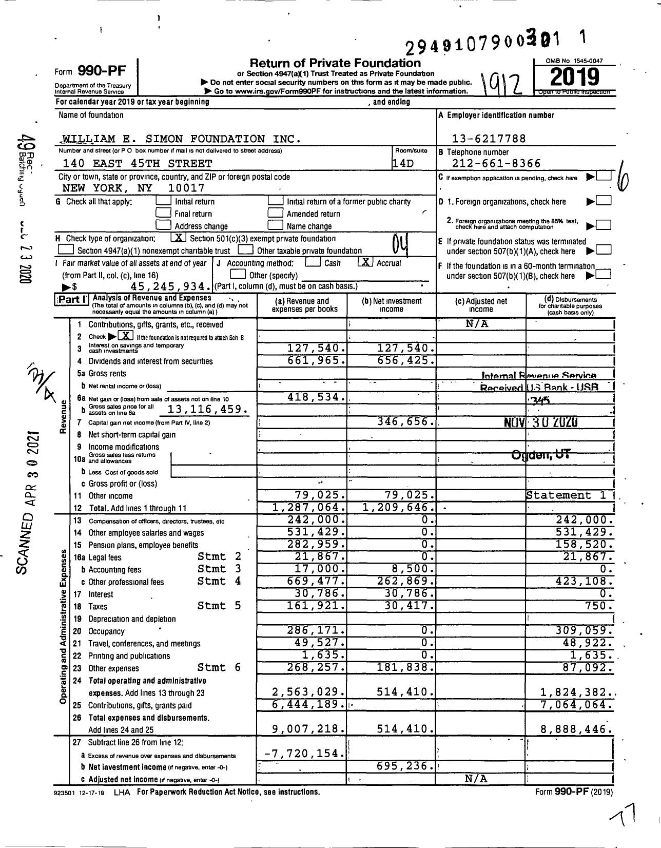 Image of first page of 2019 Form 990PF for William E. Simon Foundation
