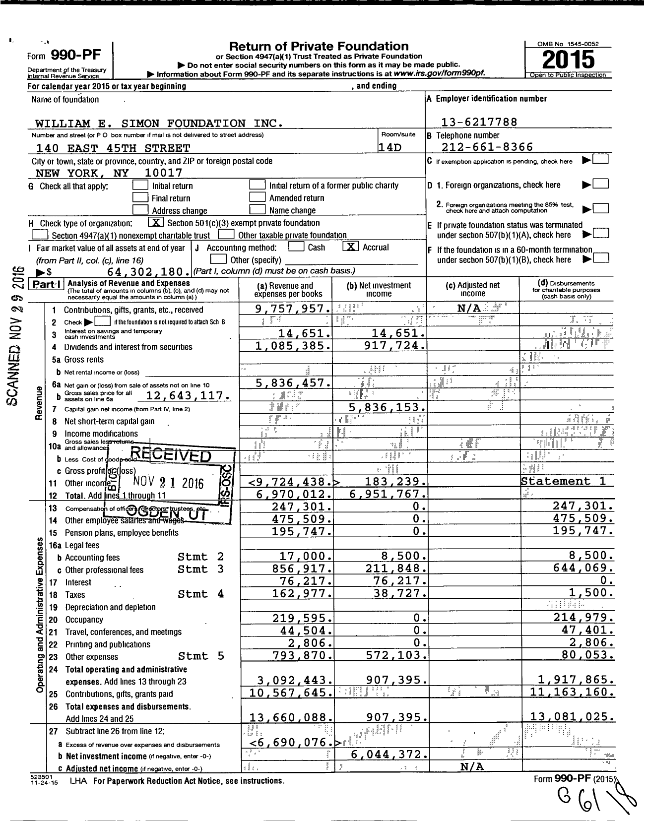 Image of first page of 2015 Form 990PF for William E. Simon Foundation