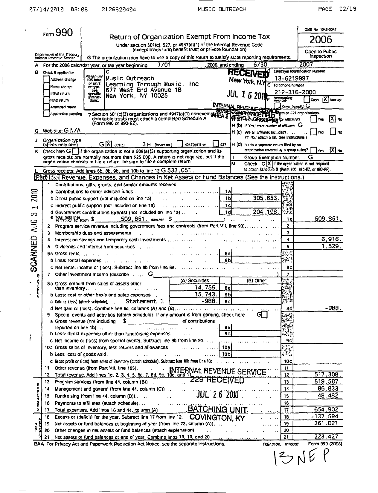 Image of first page of 2006 Form 990 for Music Outreach-Learning Through Music