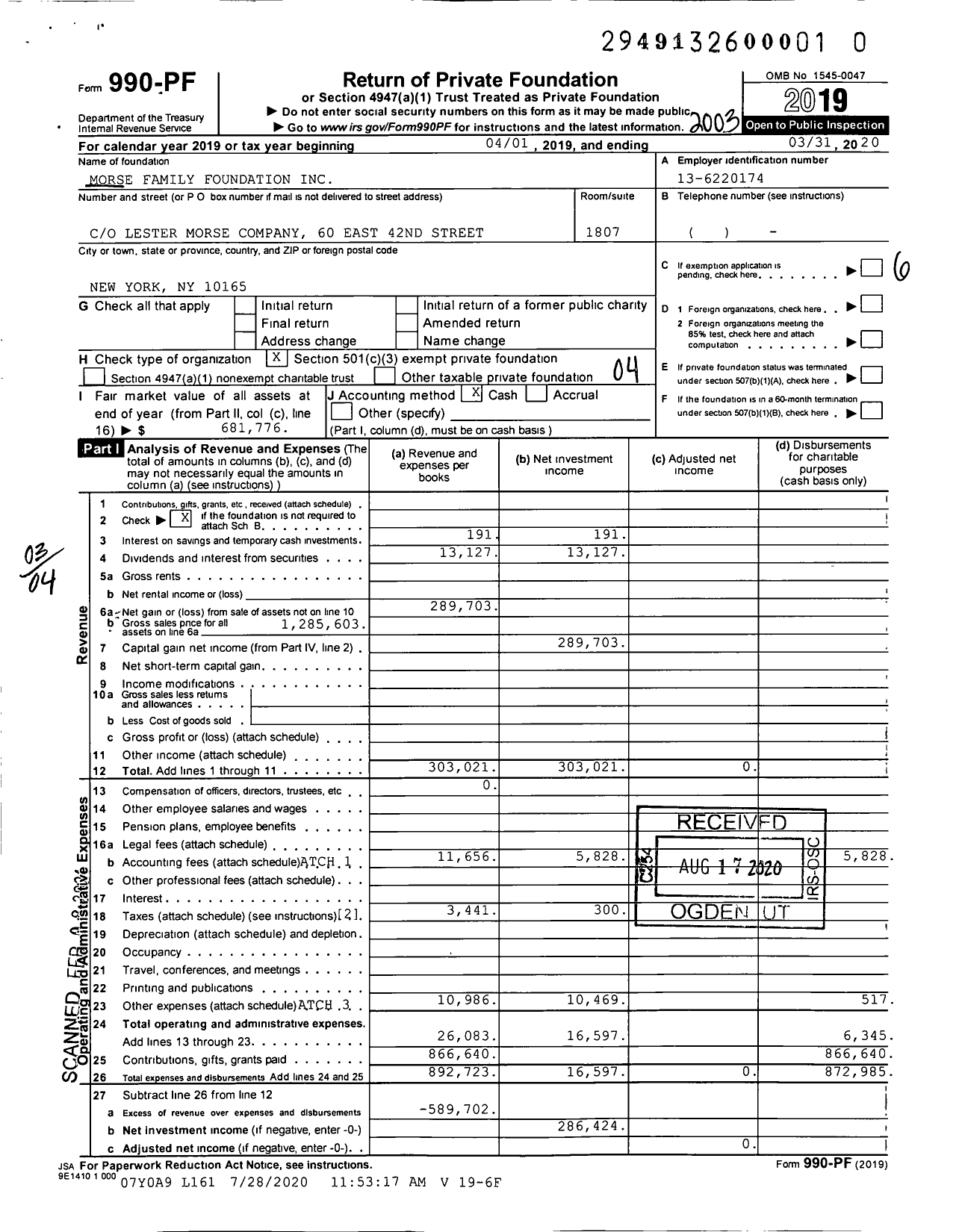 Image of first page of 2019 Form 990PF for Morse Family Foundation