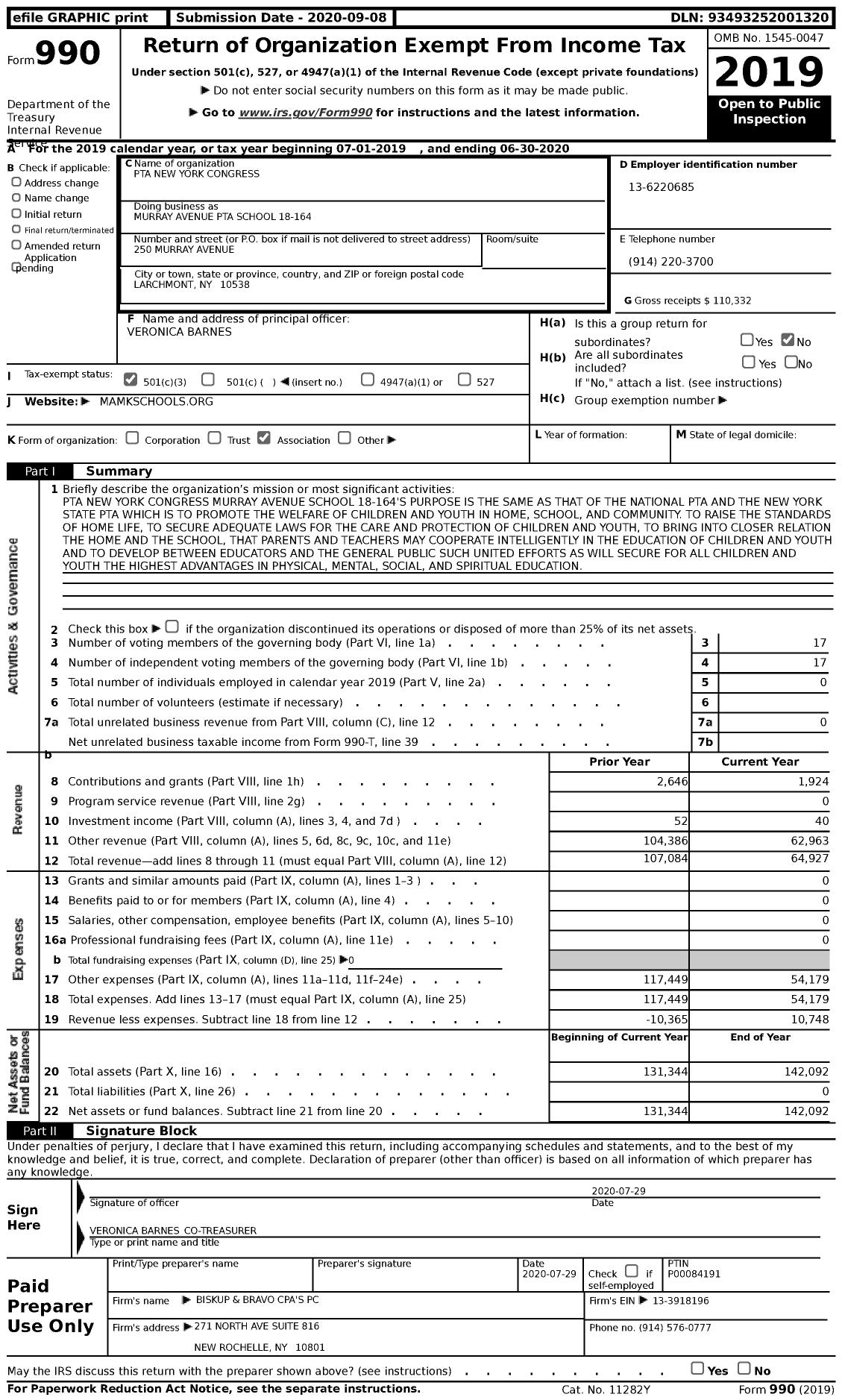 Image of first page of 2019 Form 990 for New York State PTA - Murray Avenue PTA School 18-164